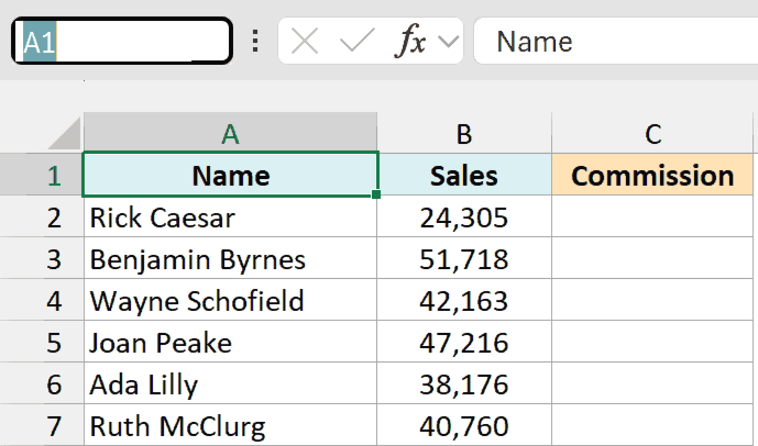 The Name Box to the left of the formula bar, ready for typing
