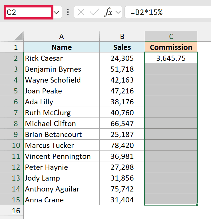 Typing C2:C15 in the Name Box selects cells C2 to C15