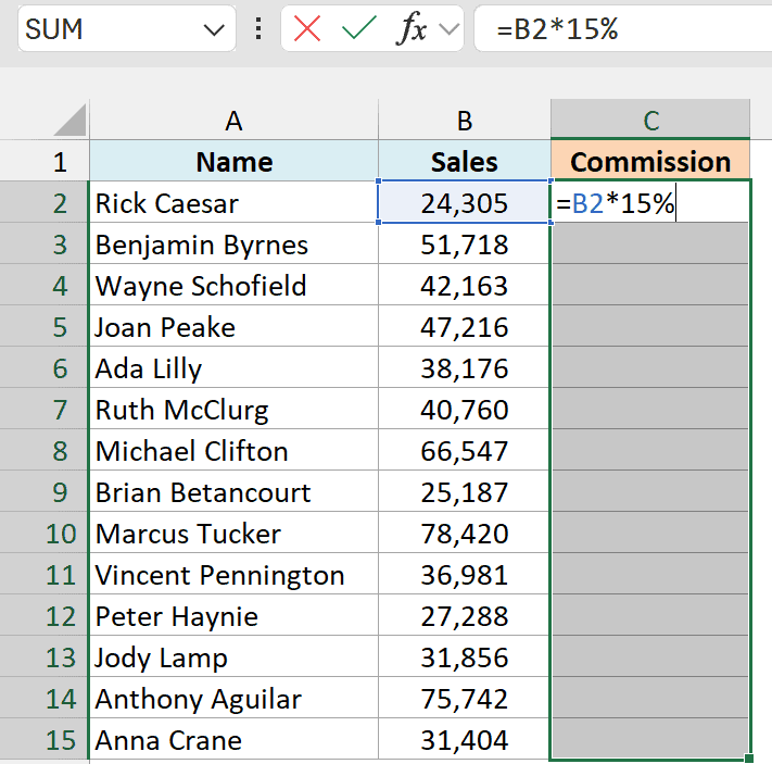 The formula =B2*15% typed in cell C2 while C2 to C15 are selected