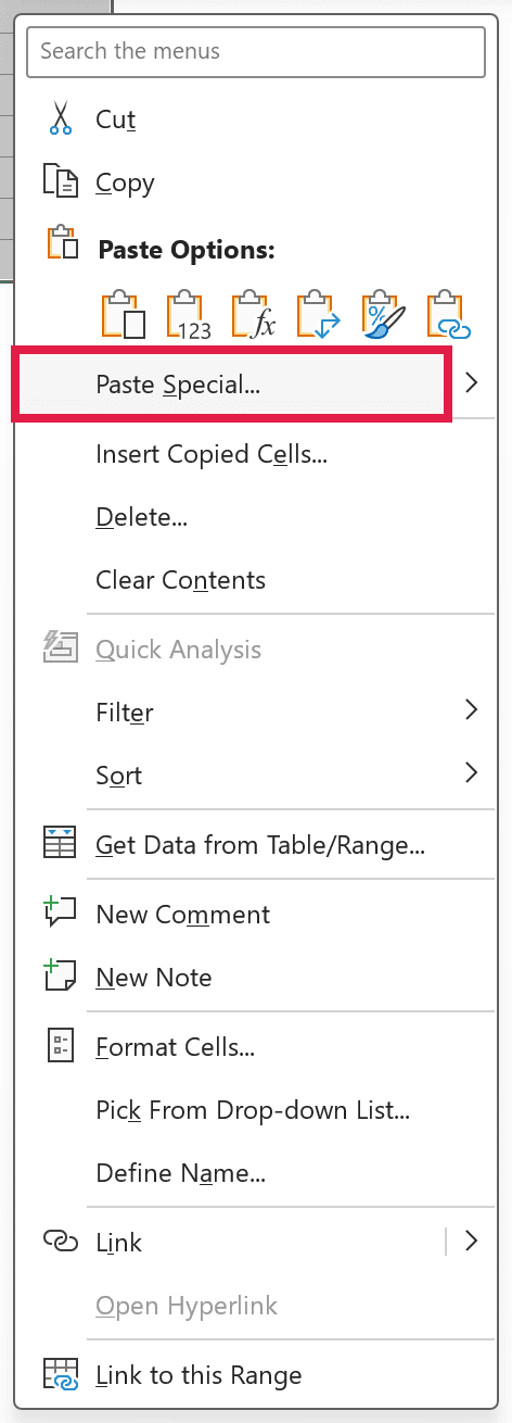 Right-click menu with the Paste Special option