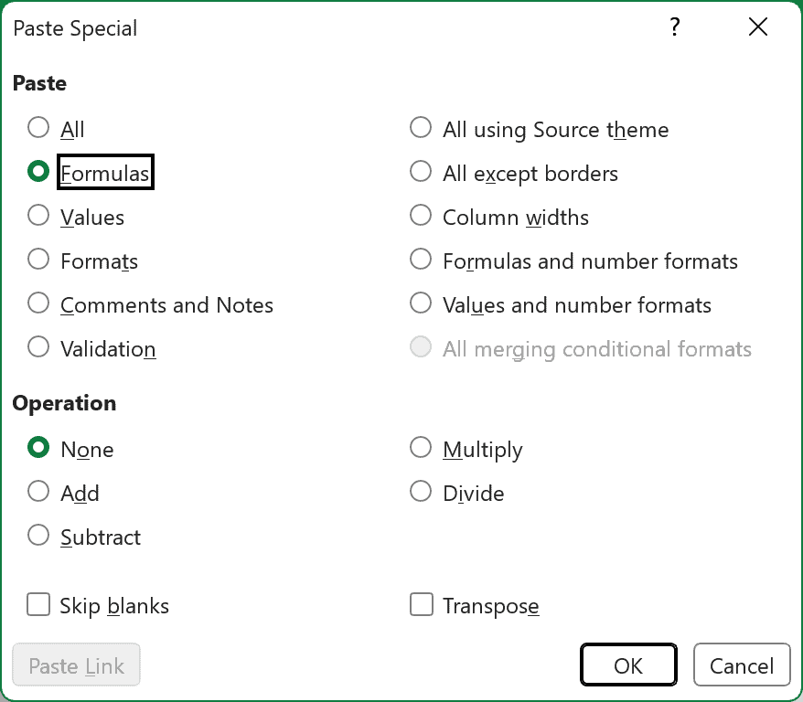 Paste Special dialog box with the Formulas option selected