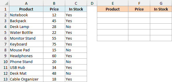 Excel shows a product table beside orange Product, Price, In Stock headers and empty bordered cells for FILTER with AND logic.