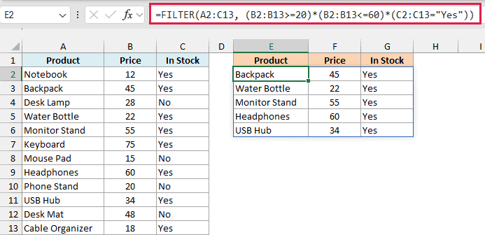 Excel formula bar showing a FILTER function with AND logic to return items in stock priced between 20 and 60