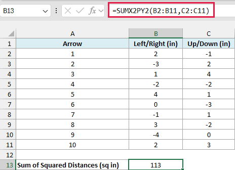 SUMX2PY2 in B13 returns 113, the sum of the squared distances of all ten arrows.