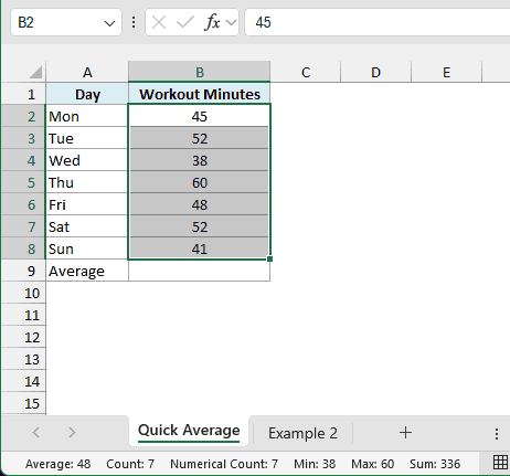 Workout minutes B2:B8 selected with the status bar showing Average 48, Count 7, and Sum 336