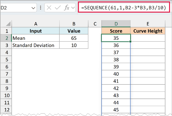 SEQUENCE formula in D2 lists the scores from 35 upward