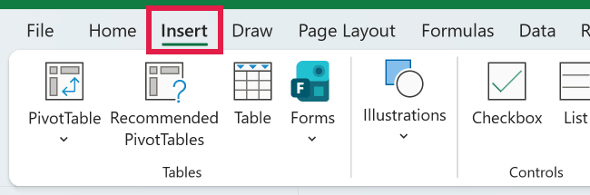 Insert tab in the Excel ribbon