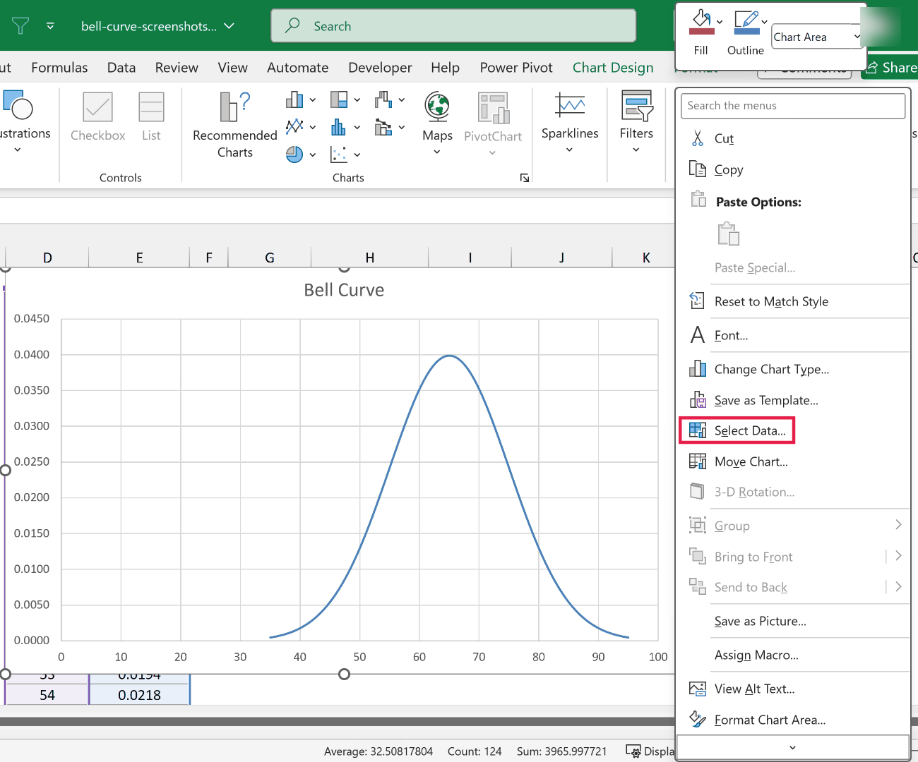 Select Data option in the chart's right-click menu