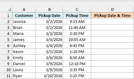 Store pickups with the pickup date and pickup time in separate columns and an empty Pickup Date & Time column
