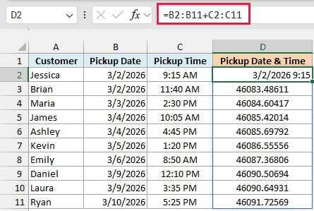 =B2:B11+C2:C11 in D2 spilling down to D11; D2 shows the date and time, the cells below show serial numbers