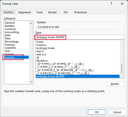 Custom category in Format Cells with m/d/yyyy h:mm AM/PM in the Type field