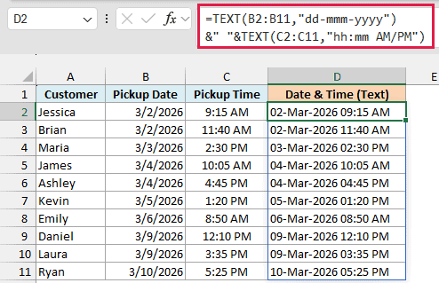 TEXT formula in D2 joining the date and time as text, spilling to D11