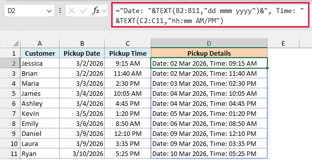 TEXT formula with Date: and Time: labels in D2, spilling to D11