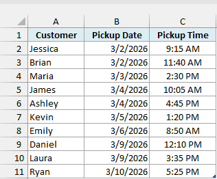 Store pickups in an Excel Table named Pickups
