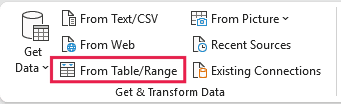From Table/Range in the Get & Transform Data group on the Data tab
