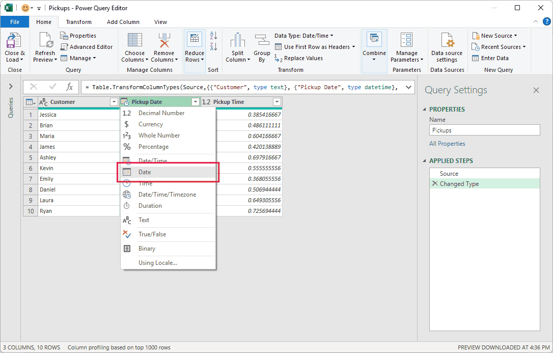 Data type menu on the Pickup Date column with Date highlighted