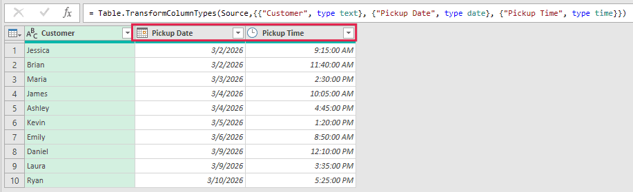 Pickup Date set to Date and Pickup Time set to Time in the Power Query Editor