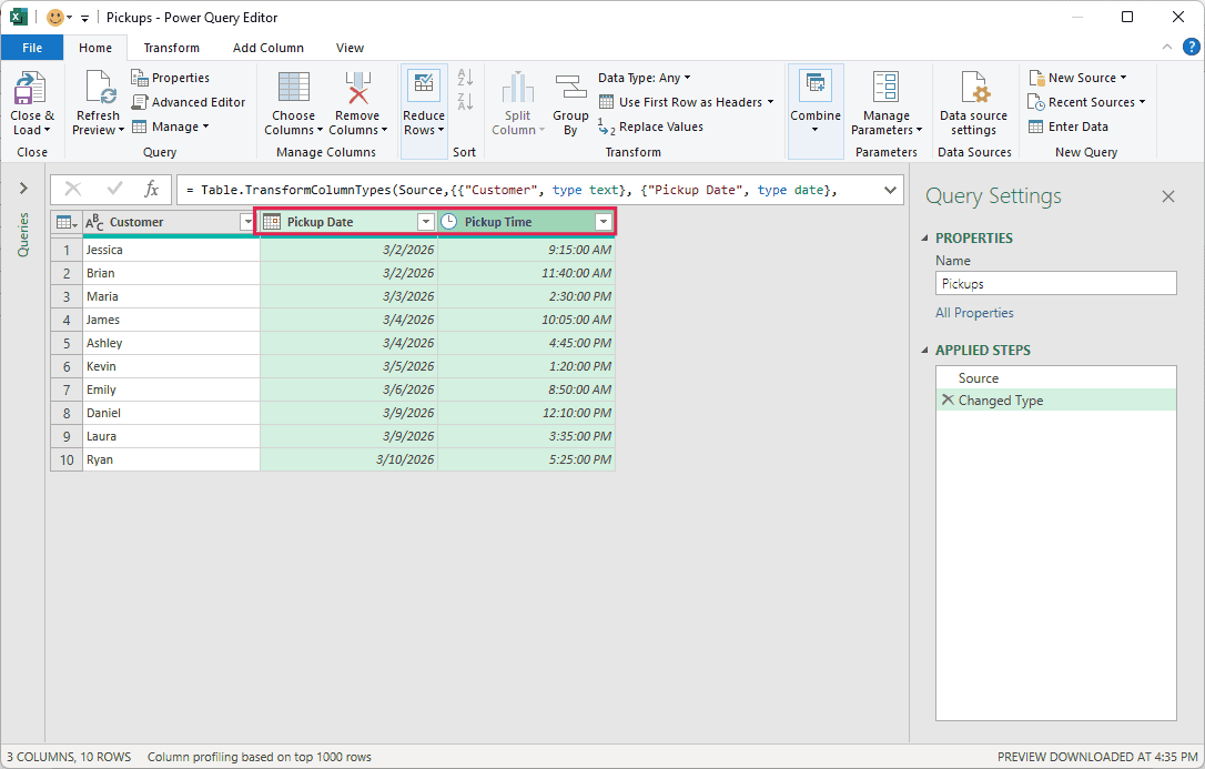 Pickup Date and Pickup Time columns both selected in the Power Query Editor