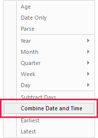Add Column tab, Date drop-down with Combine Date and Time highlighted
