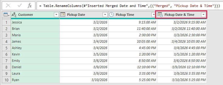 Merged column renamed to Pickup Date & Time in the Power Query Editor