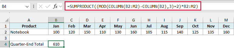 Excel formula bar showing SUMPRODUCT with MOD and COLUMN functions to sum every third column, resulting in 610 in cell B4