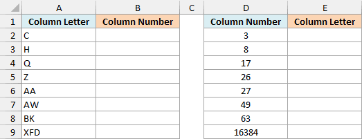 Column letters in A2:A9 and matching numbers in D2:D9, with empty result columns B and E.