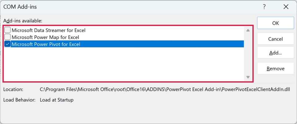 The COM Add-ins dialog box where you uncheck the add-ins