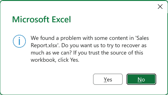 The error Excel shows when you open a damaged workbook