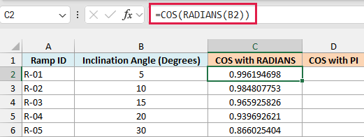 COS function along with the Radians function in Excel.