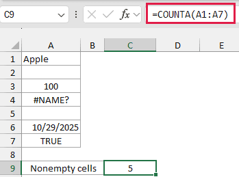 COUNTA function to count cells with mixed data