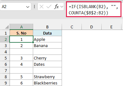 CountA formula to number filled rows in Excel