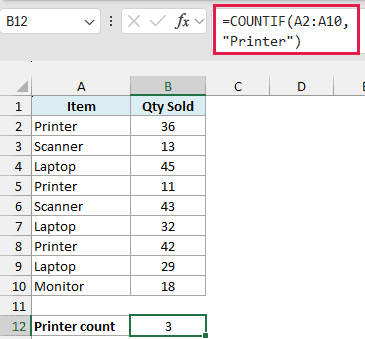 Excel formula bar showing COUNTIF function counting Printer in range A2:A10, with result 3 in cell B12