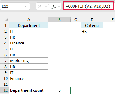 Excel formula bar showing =COUNTIF(A2:A10,D2) to count HR occurrences in a department list using cell reference D2