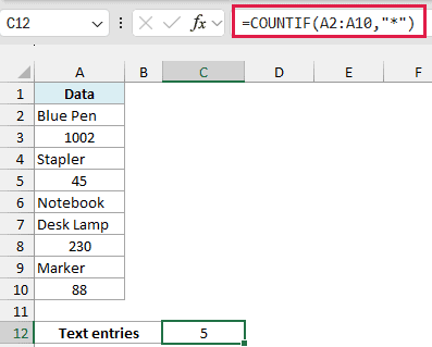 Excel formula =COUNTIF(A2:A10,"*") in the formula bar, counting text entries in column A with a result of 5