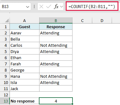 Excel formula =COUNTIF(B2:B11,"") highlighted in the formula bar to count blank cells in a guest response list