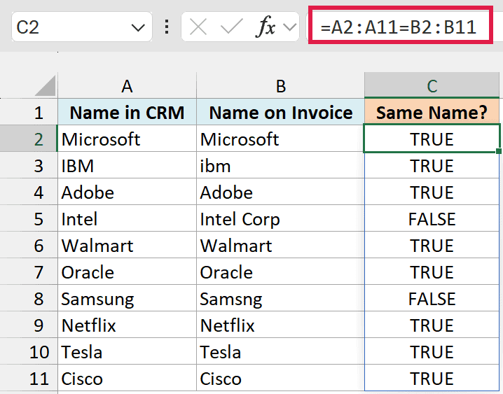 The formula =A2:A11=B2:B11 in cell C2 returning TRUE for matching names and FALSE for Intel and Samsung