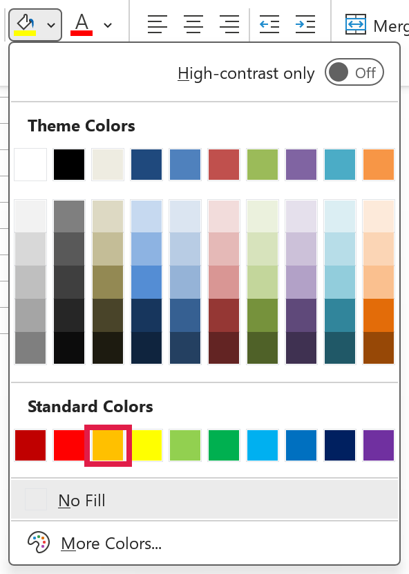 The Fill Color drop-down on the Home tab with the orange color highlighted