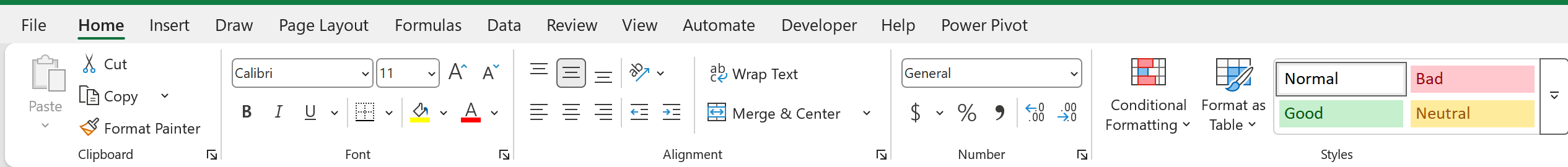 The Home tab in the Excel ribbon