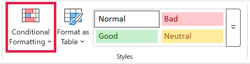 The Conditional Formatting option in the Styles group of the Home tab