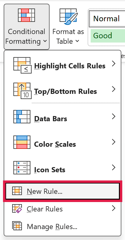 The Conditional Formatting drop-down with the New Rule option