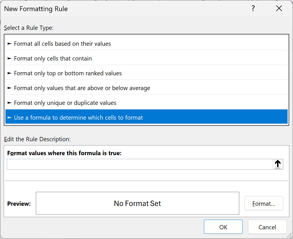 The New Formatting Rule dialog box with Use a formula to determine which cells to format selected