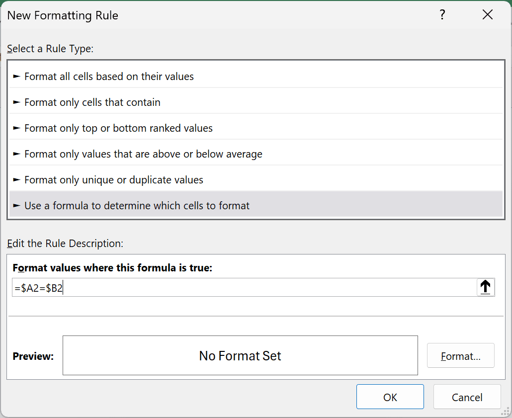 The formula =$A2=$B2 entered in the New Formatting Rule dialog box