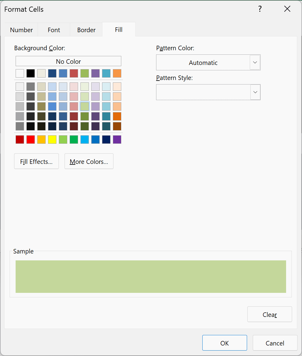 The Fill tab of the Format Cells dialog box with a light green color picked