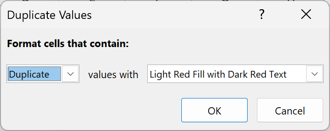 The Duplicate Values dialog box with Duplicate selected