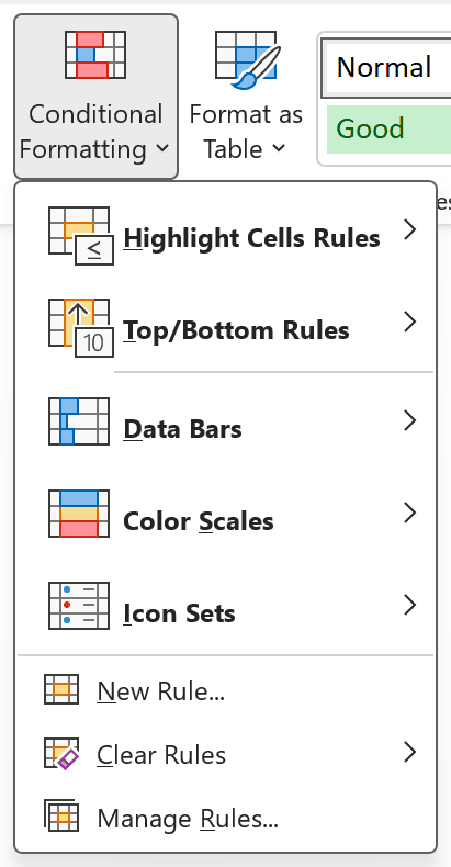 The Conditional Formatting drop-down open on the Home tab