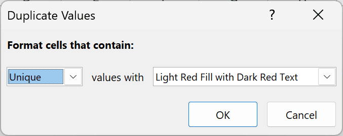 The Duplicate Values dialog box with Unique selected