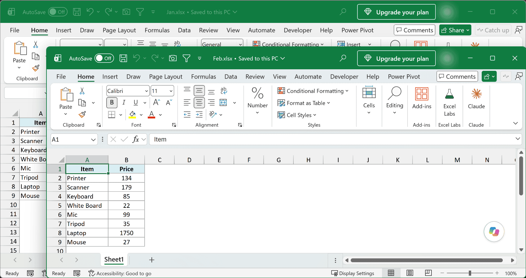 The Jan and Feb price files open in Excel, with one file covering the other