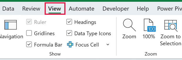The View tab in the Excel ribbon