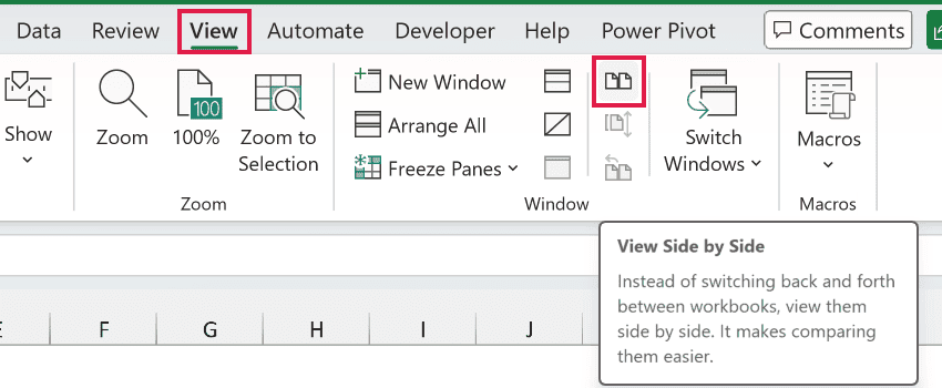 View Side by Side in the Window group of the View tab
