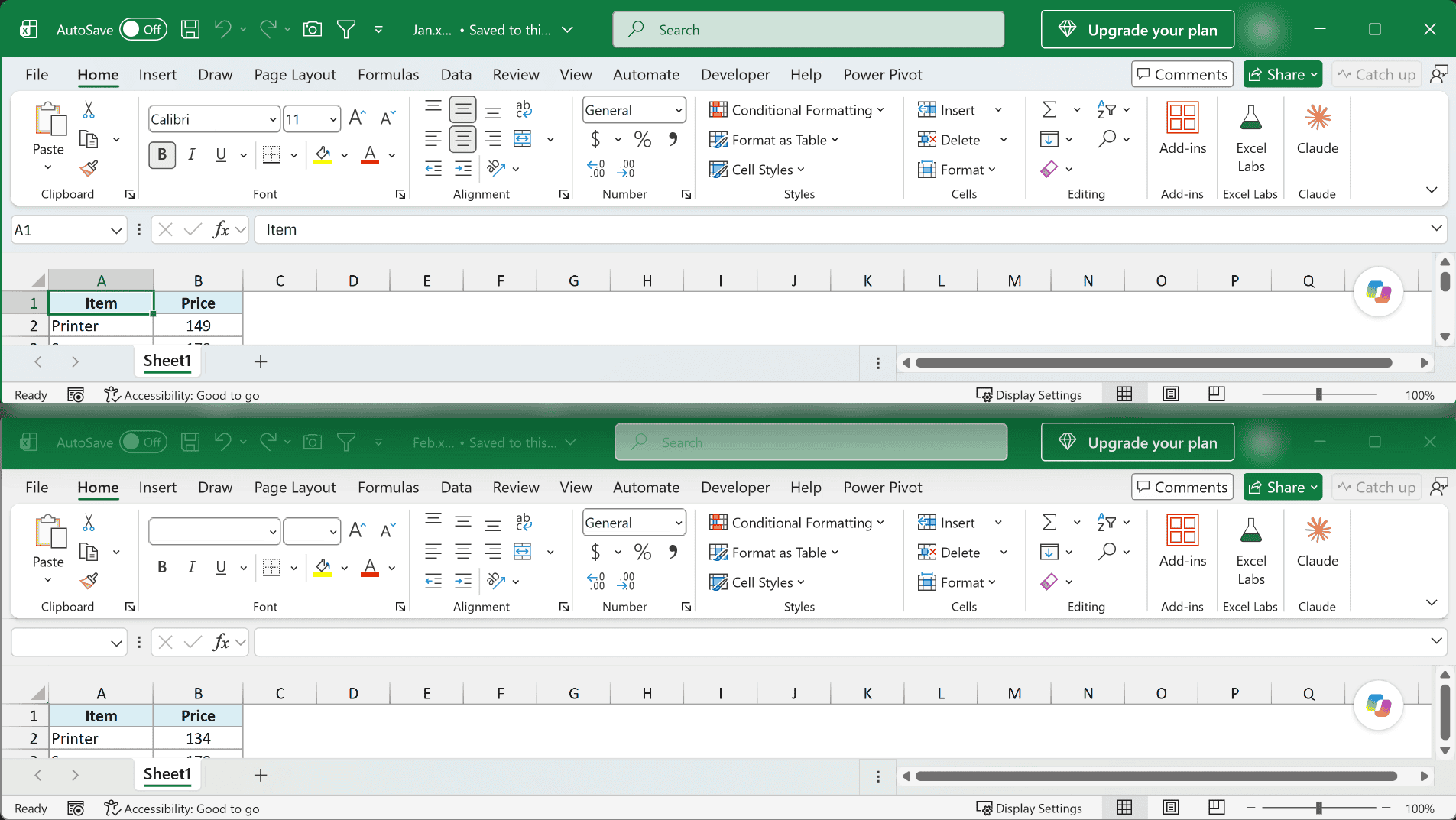 The Jan and Feb files arranged one above the other after clicking View Side by Side